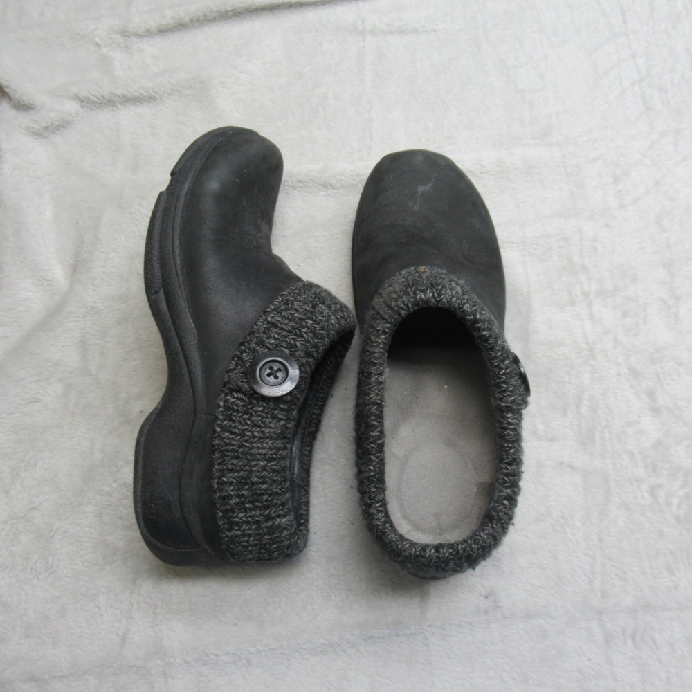Dansko Womens 6.5 -7 Clogs Black Leather Kenzie Slip On Knit Collar Button EU37